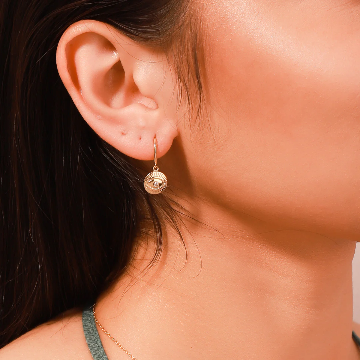 Diamond Eyes Round Drop Hoops Earrings - Image 3