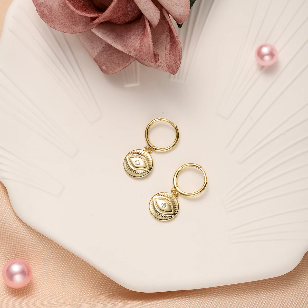 Diamond Eyes Round Drop Hoops Earrings - Image 4