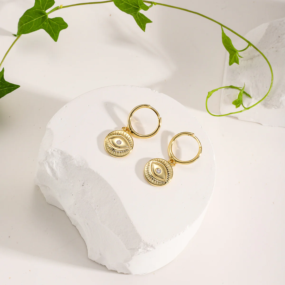 Diamond Eyes Round Drop Hoops Earrings - Image 5