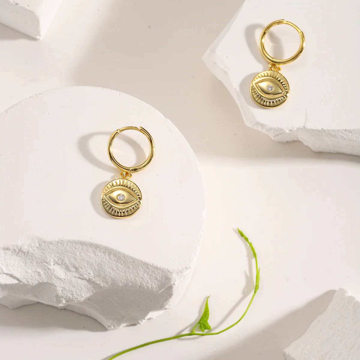 Diamond Eyes Round Drop Hoops Earrings - Image 6