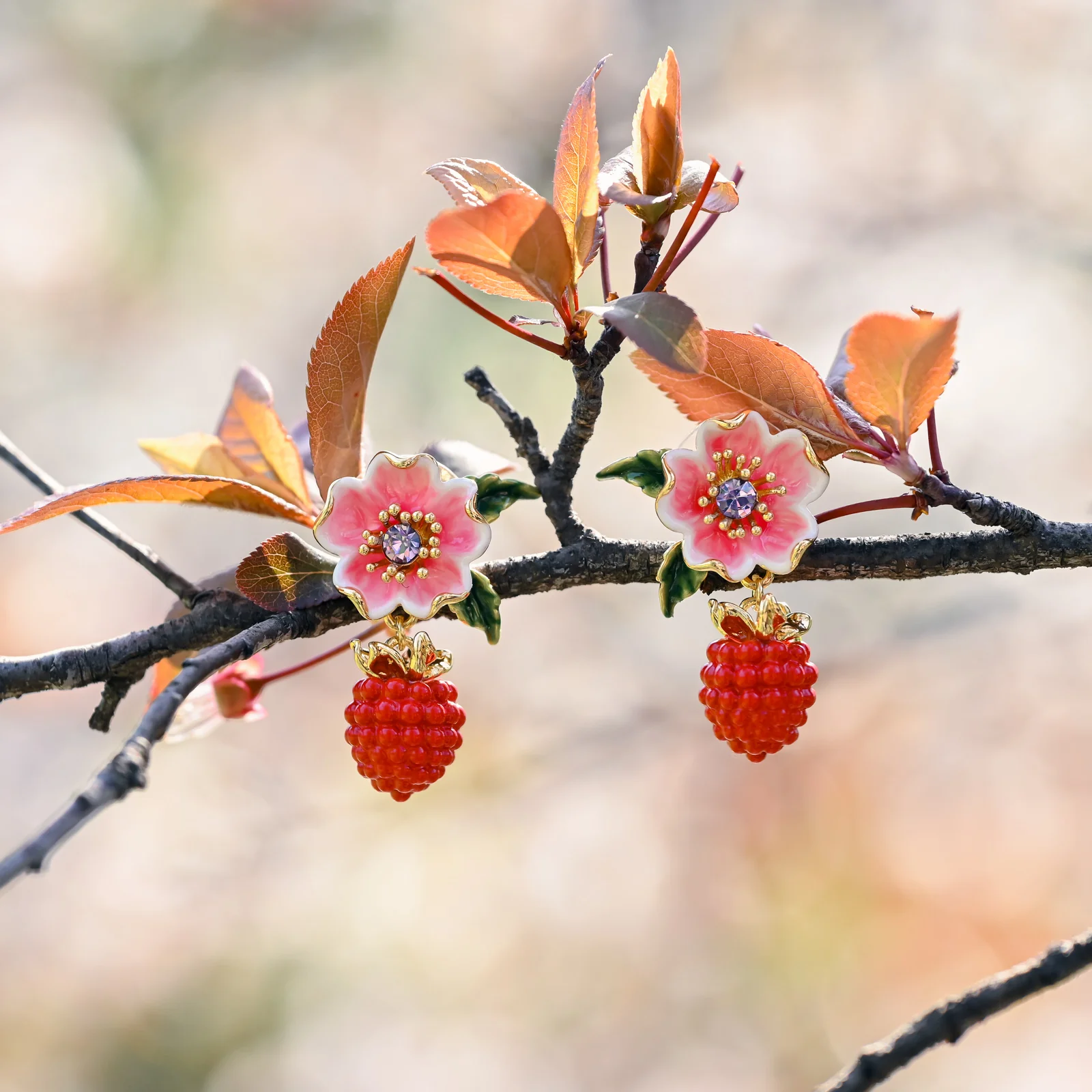 Raspberry Flower Enamel Earrings - Image 10