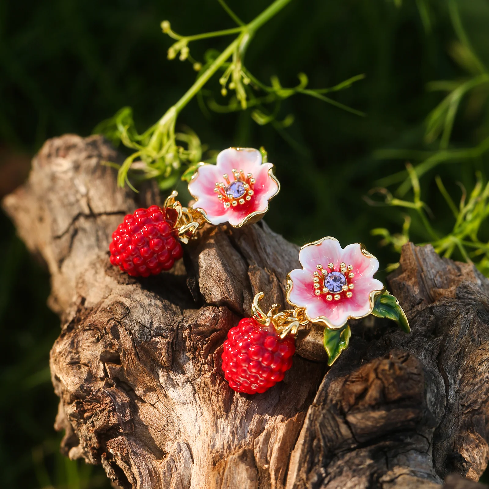 Raspberry Flower Enamel Earrings - Image 5