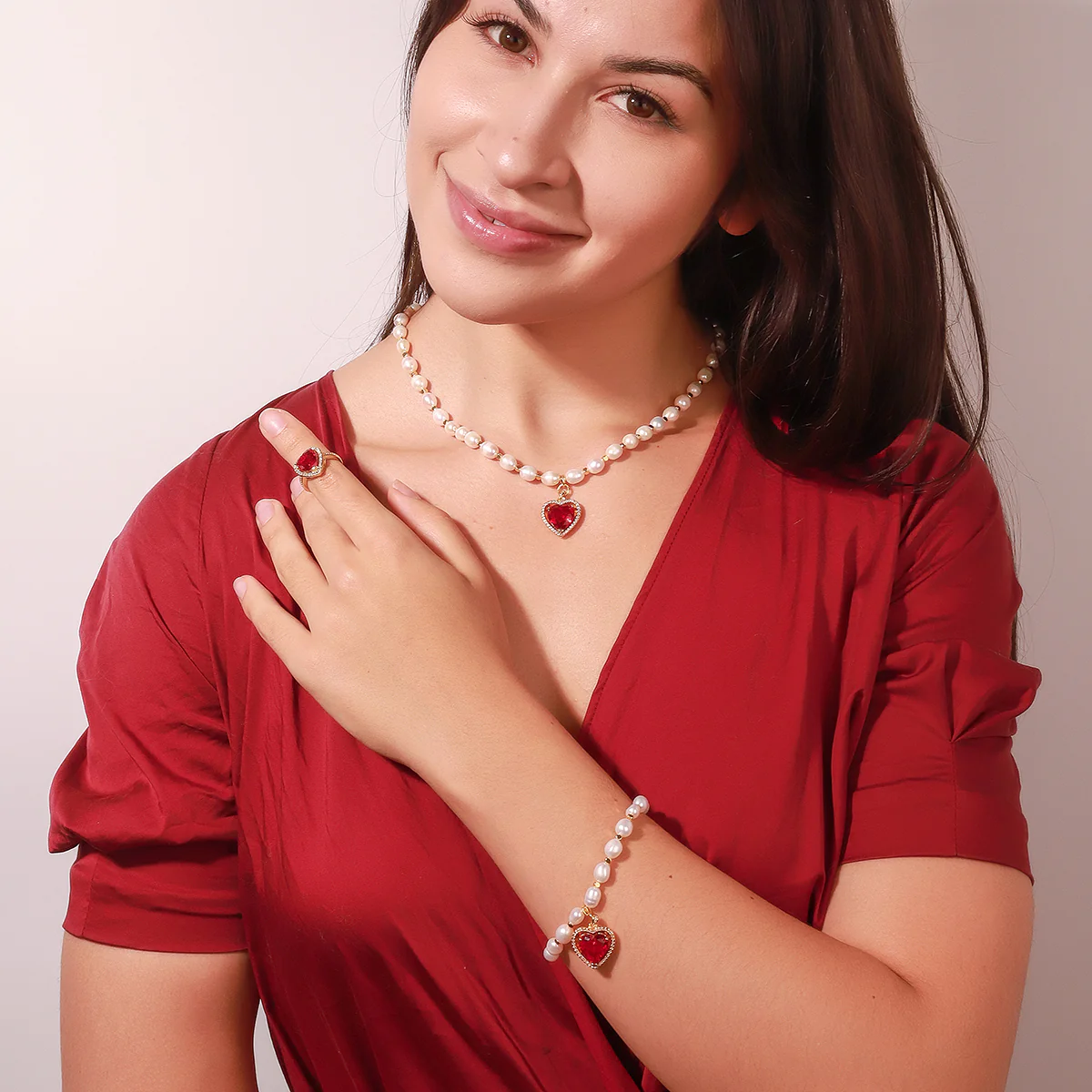 Heart Gem Pearl Necklace & Bracelet - Image 3