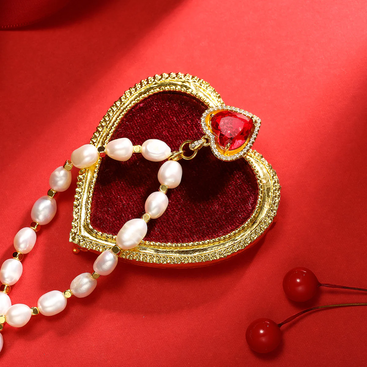 Heart Gem Pearl Necklace & Bracelet - Image 7