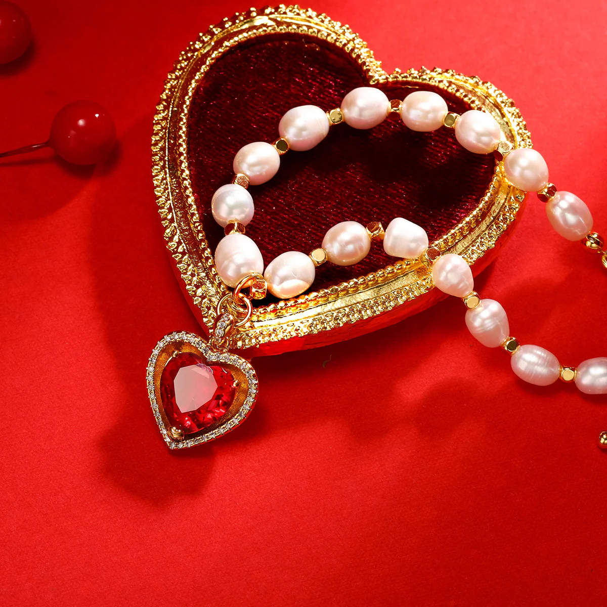Heart Gem Pearl Necklace & Bracelet - Image 8